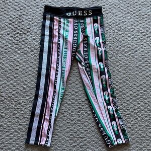 Guess Girls Black Pink Green Striped Logo Leggings